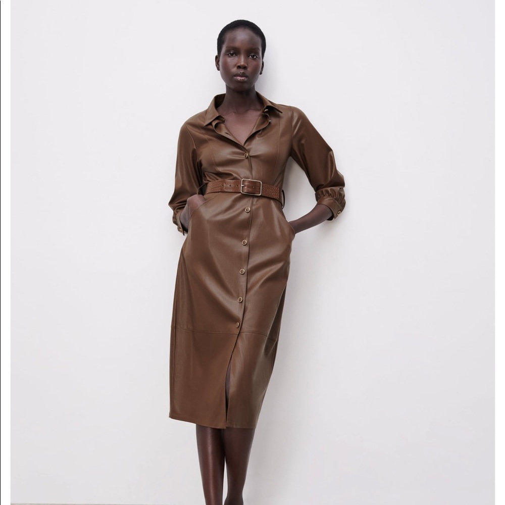 BELTED FAUX LEATHER DRESS